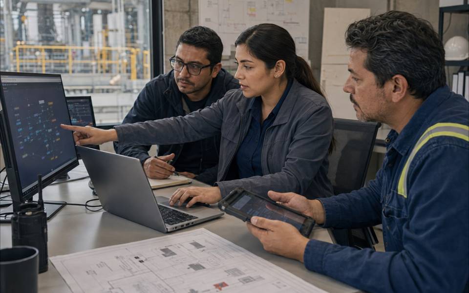 Escena ilustrativa de una profesional trabajando en una integración junto a especialistas de software y operaciones.